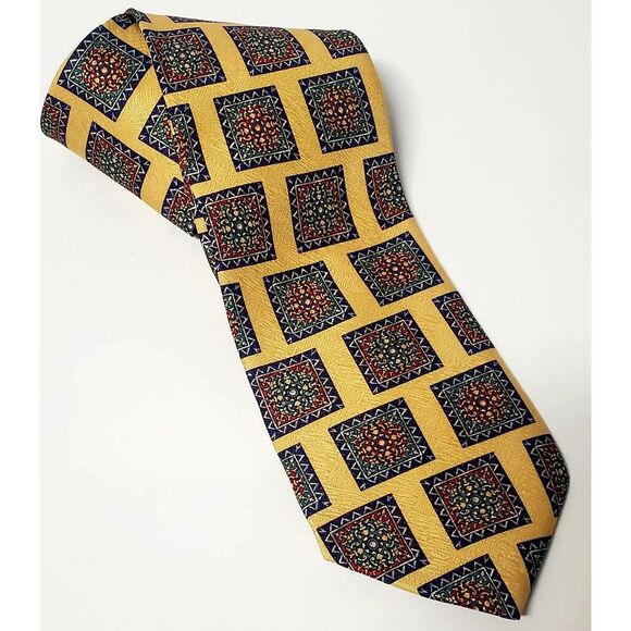 Tom James 100% Silk Tie USA Yellow/Purple/Red/Green Square Geometric Pattern - Picture 3 of 11